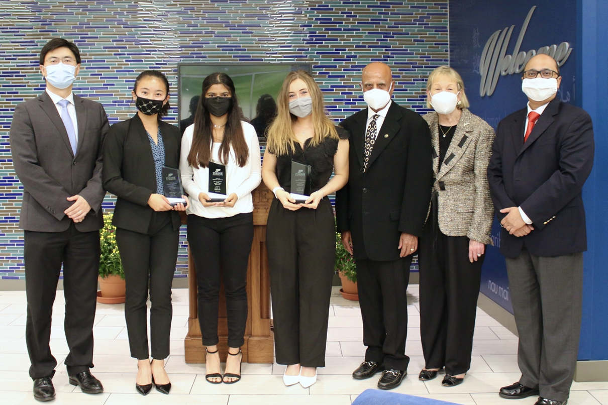 Talwar Women in Tech Scholars; Adeline Hauck, Anju Mallur, and Olivia Murchie with Ravi and Eleanor Talwar